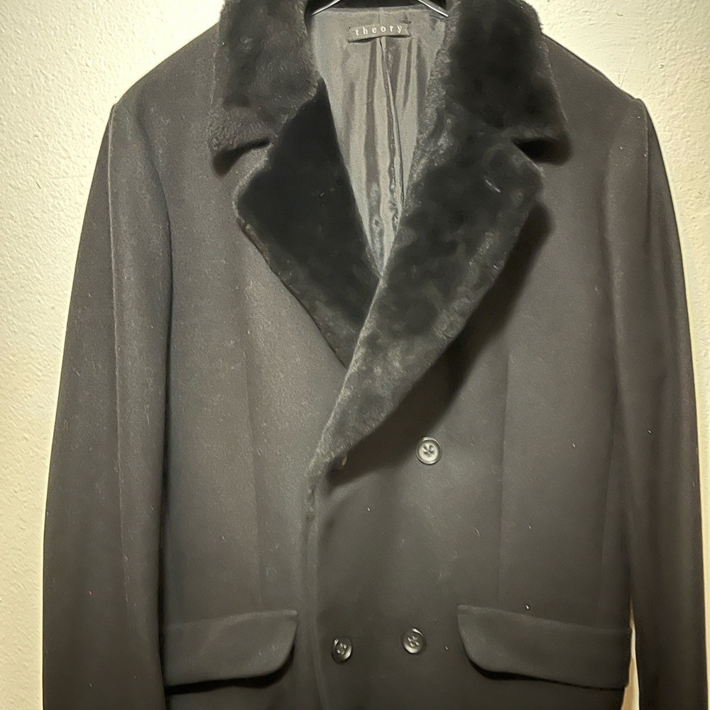 Men’s Theory Black pea coat with lamb shearling collar